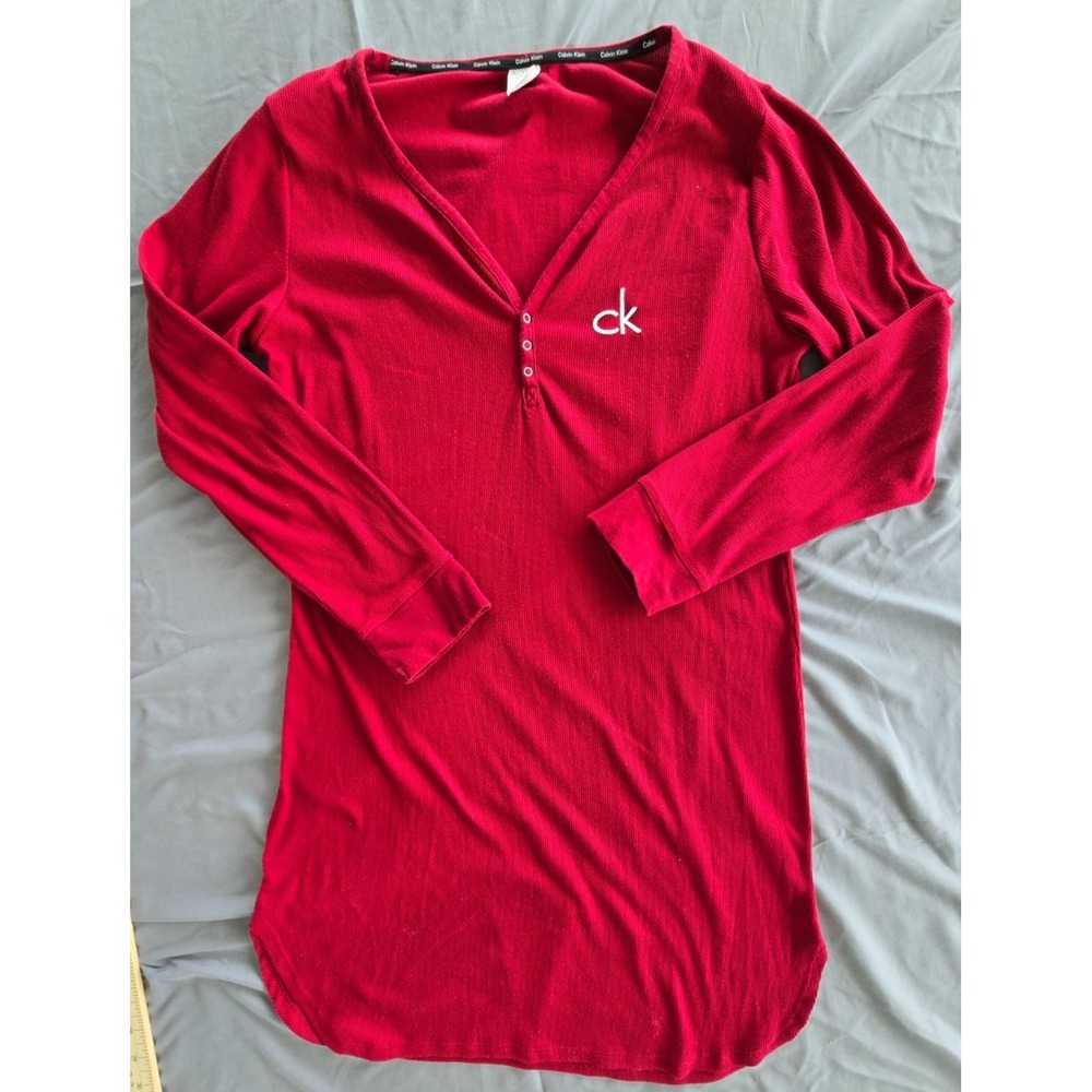 Calvin Klein T-shirt Dress Henley Long Sleeves Red M Y2K Boyfriend Whimsy School